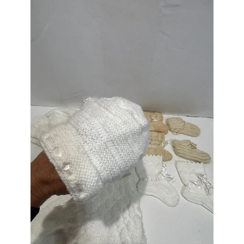 VTG Handmade Knit Baby Set NB White Vintage Style Cardigan Bonnet Booties Bib